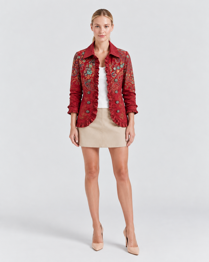 Luna Moda Agata red paisley jacket with lace trim, long sleeves, and button front worn over a white top and skirt.