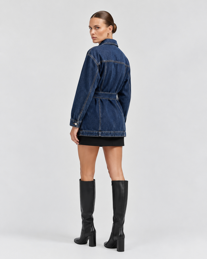 Luna Moda Alice relaxed fit dark blue denim jacket with a waist belt worn by a model with black boots