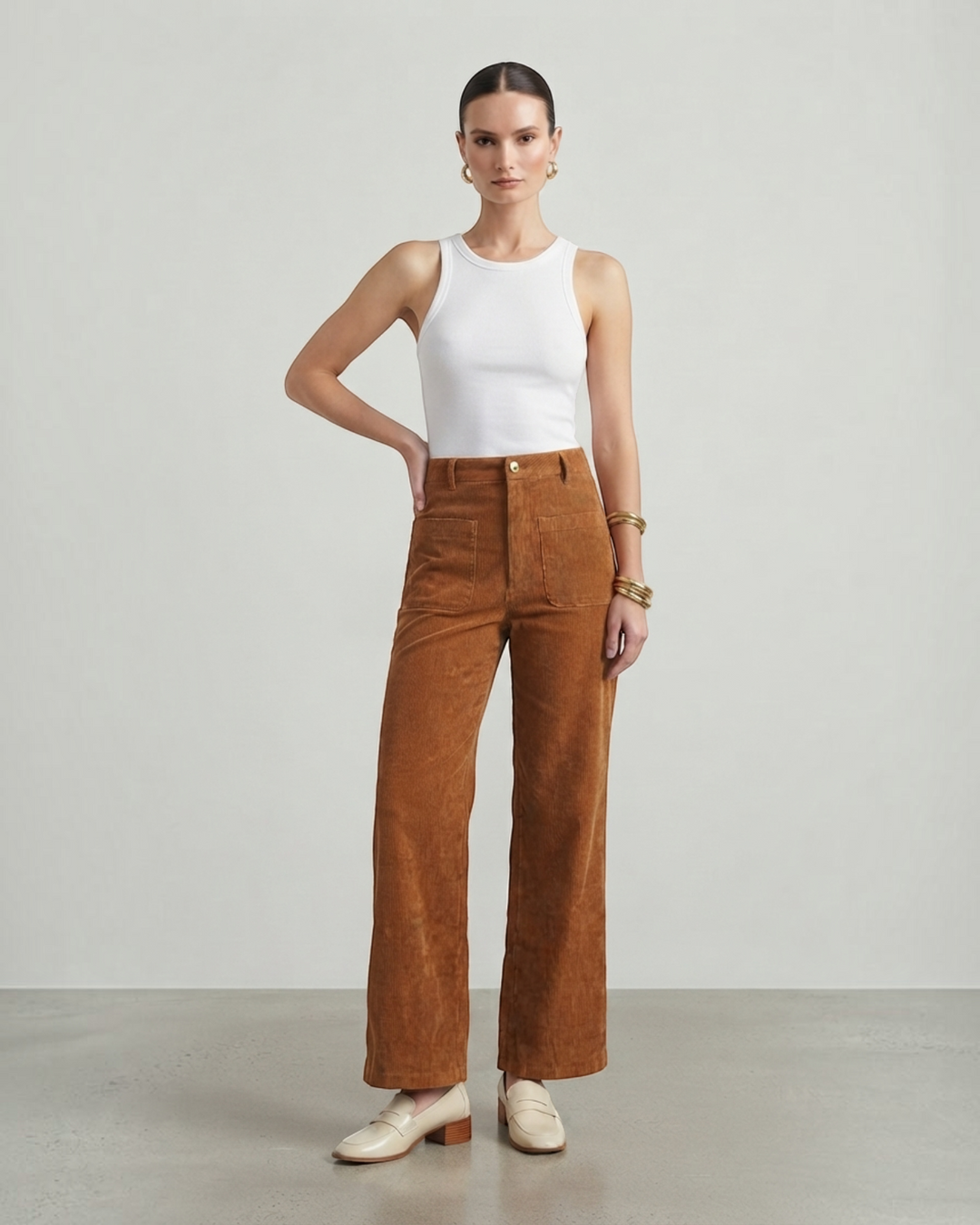Luna Moda high-waisted wide-leg corduroy trousers in brown with front patch pockets worn with a white tank top