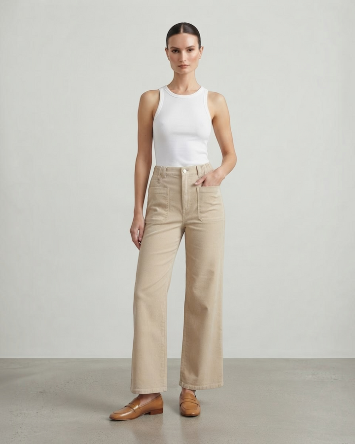 Luna Moda high-waisted beige corduroy wide-leg trousers with front pockets worn by a model with a white tank top