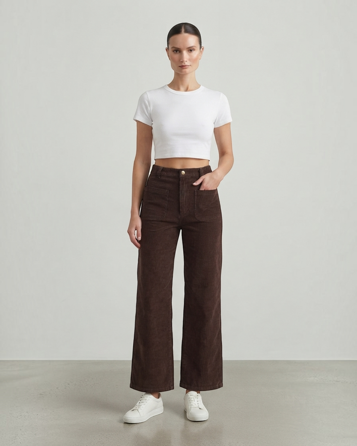 Luna Moda high-waisted wide-leg brown corduroy trousers with front pockets worn by a model with a white crop top