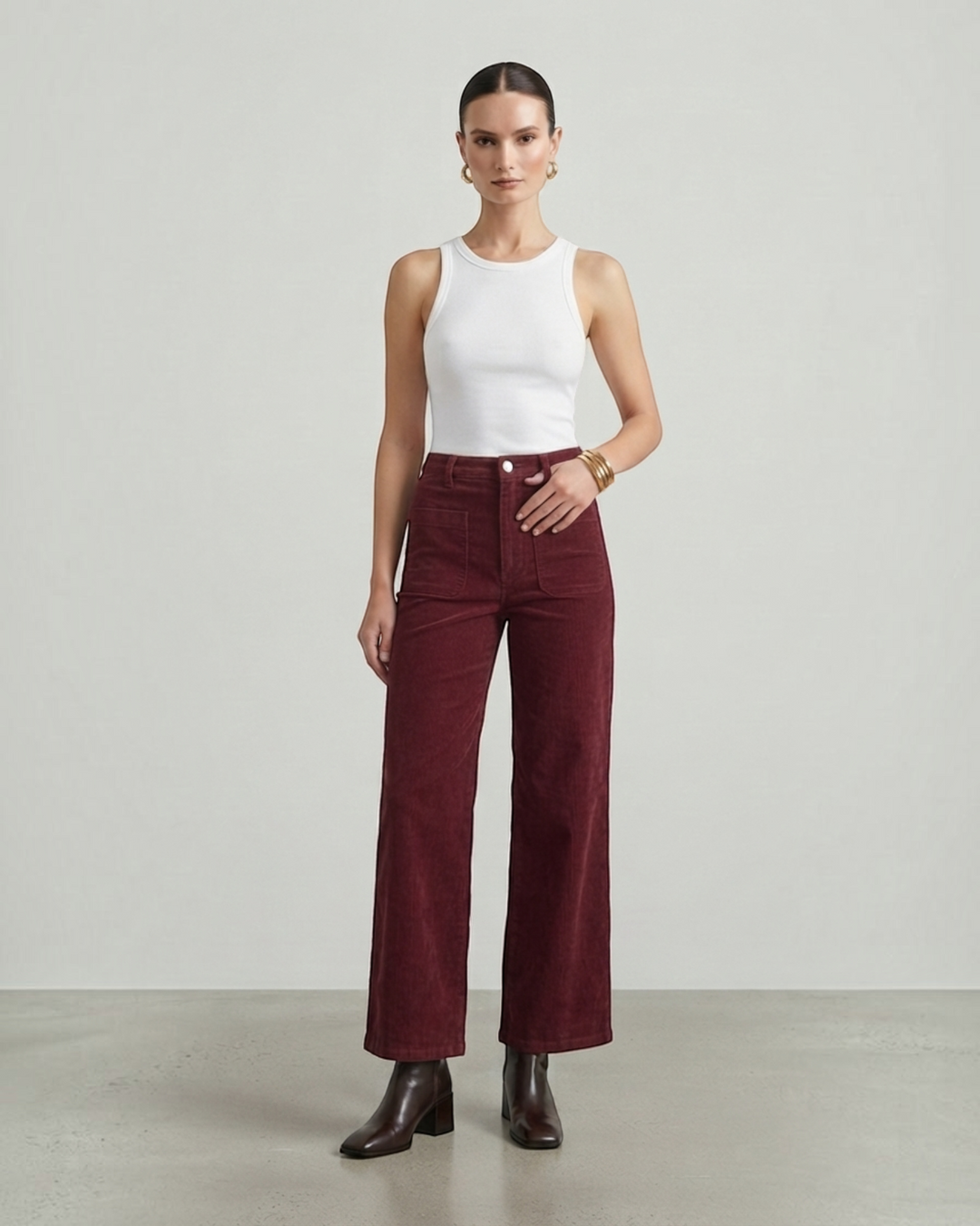 Luna Moda high-waisted wide-leg corduroy trousers in deep burgundy with front pockets worn with a white tank top