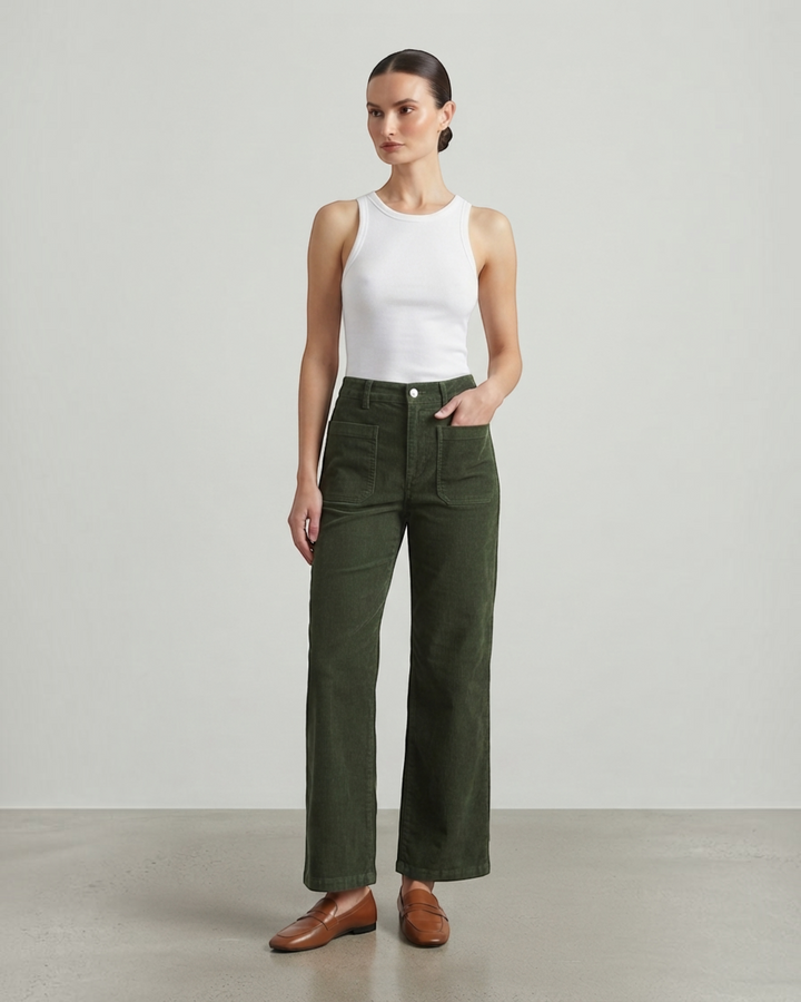 Luna Moda Evelina high-waisted wide-leg dark green corduroy trousers with front pockets worn by a model