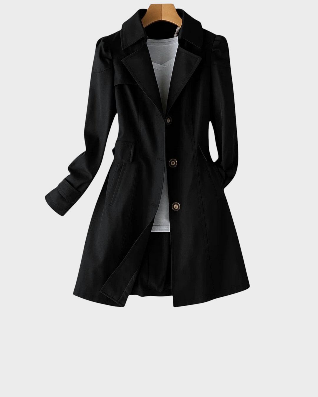 Luna Moda Annunziata black lightweight flared trench coat with button closure and classic collar
