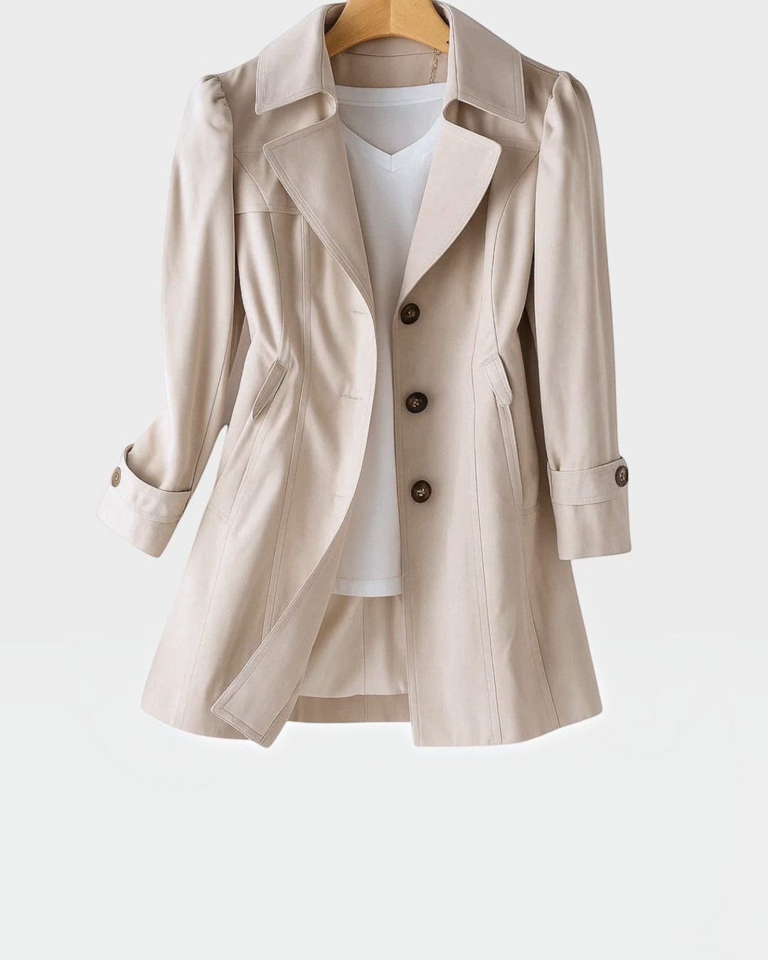 Luna Moda beige flared trench coat in lightweight gabardine fabric with button closure and classic collar