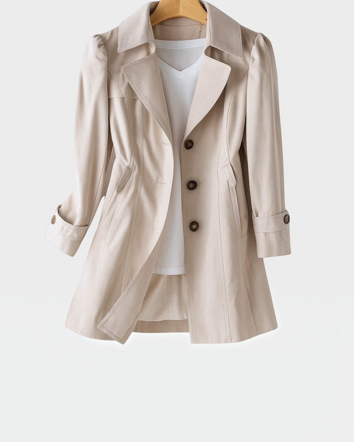 Luna Moda beige flared trench coat in lightweight gabardine fabric with button closure and classic collar