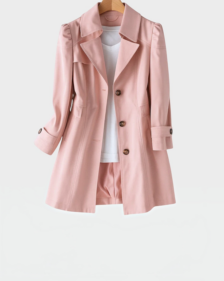 Luna Moda Annunziata light pink flared trench coat in breathable gabardine fabric with button-up front