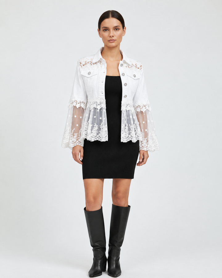 Luna Moda Elisabetta white jacket with floral lace shoulders, sheer tulle hem, and silver buttons worn by a model