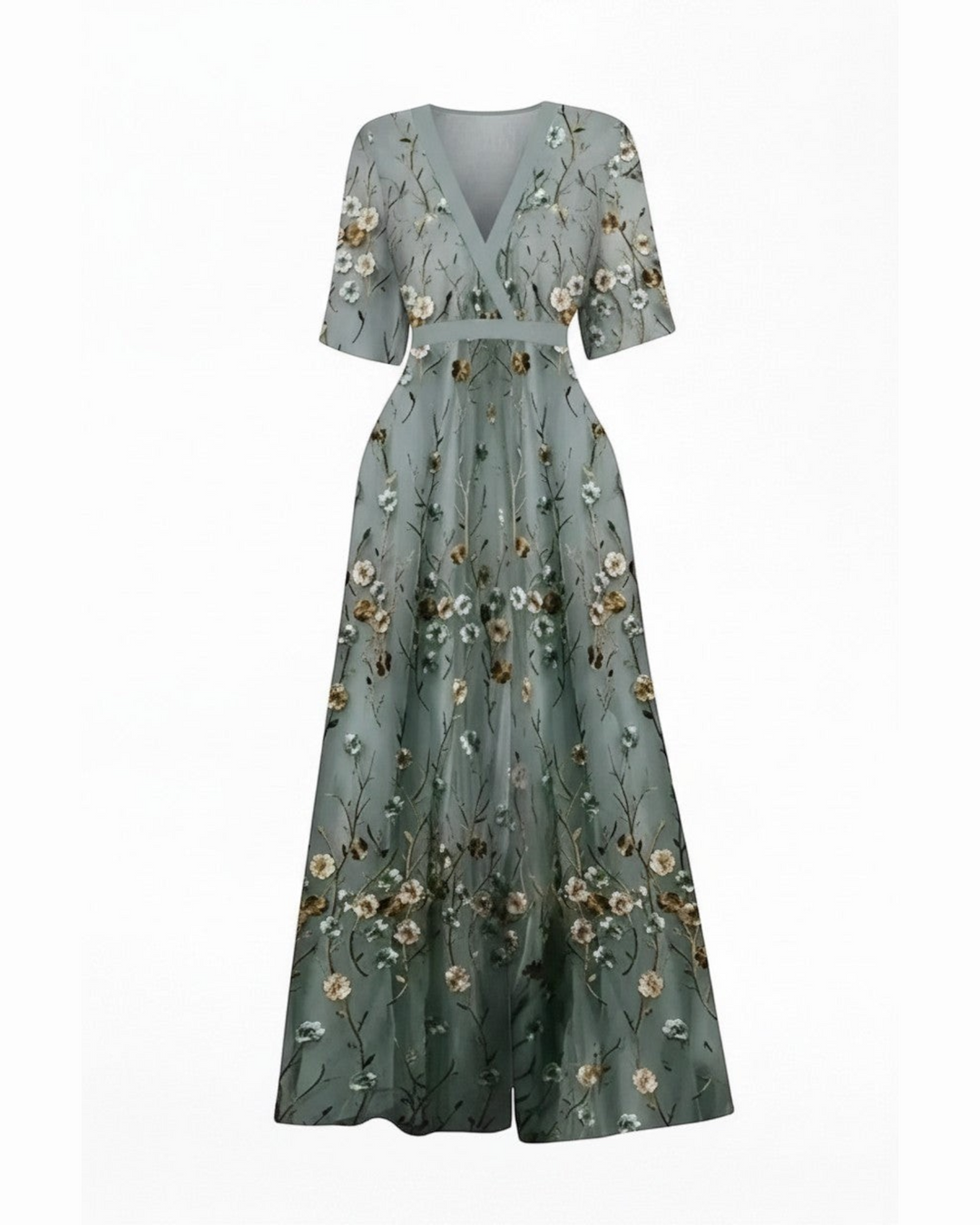 Luna Moda floor-length sage green dress with delicate floral embroidery, V-neckline, and short sleeves.