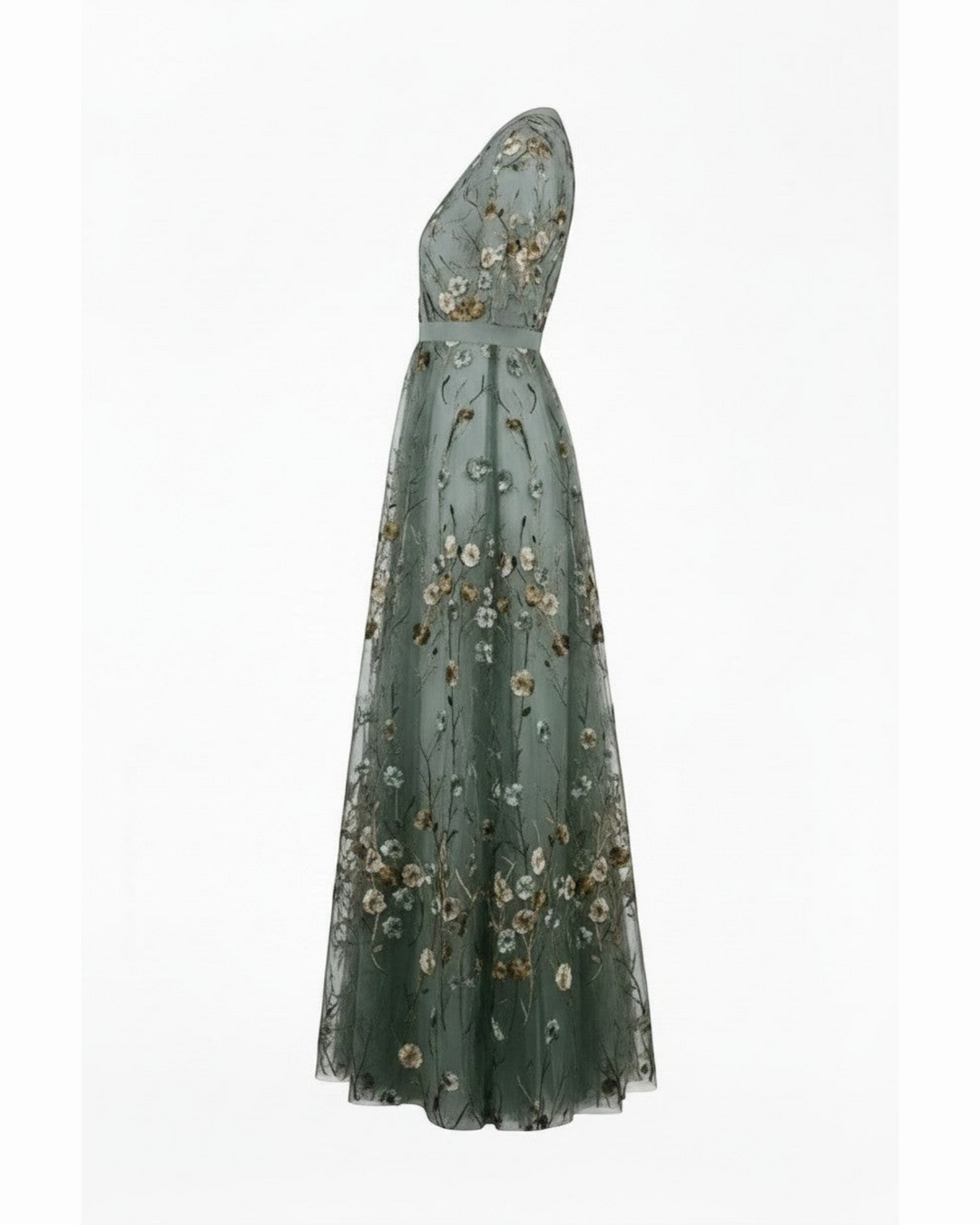 Luna Moda Alma long sage green evening dress with delicate floral embroidery, V-neckline, and flowing silhouette.