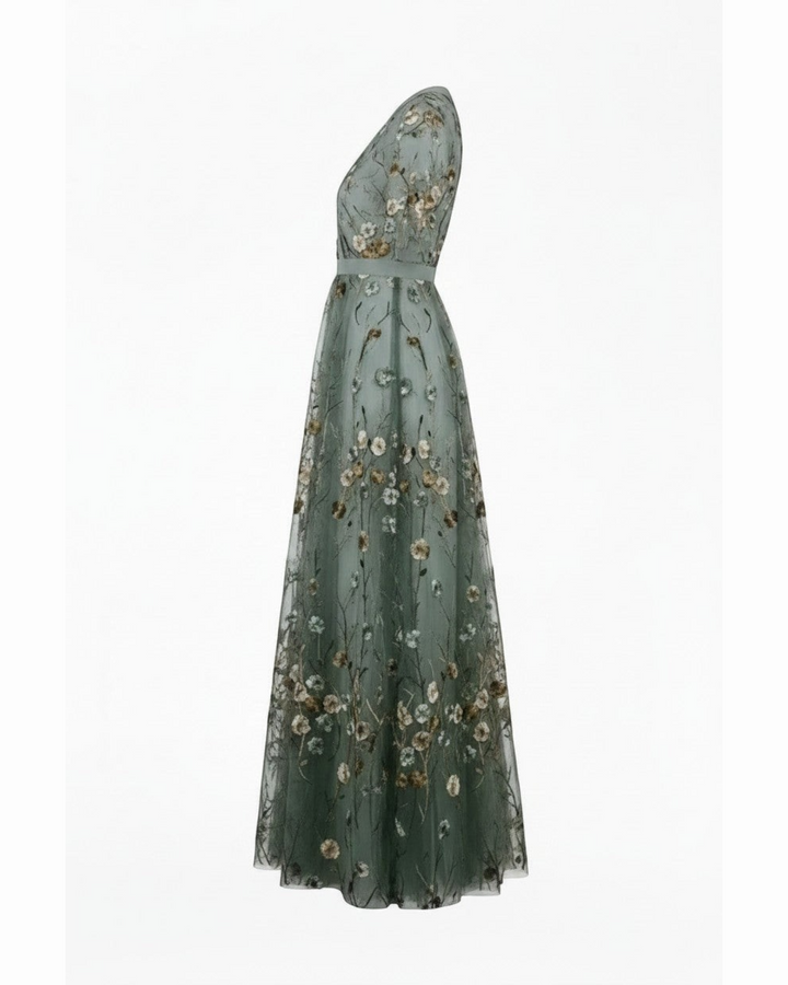 Luna Moda Alma long sage green evening dress with delicate floral embroidery, V-neckline, and flowing silhouette.