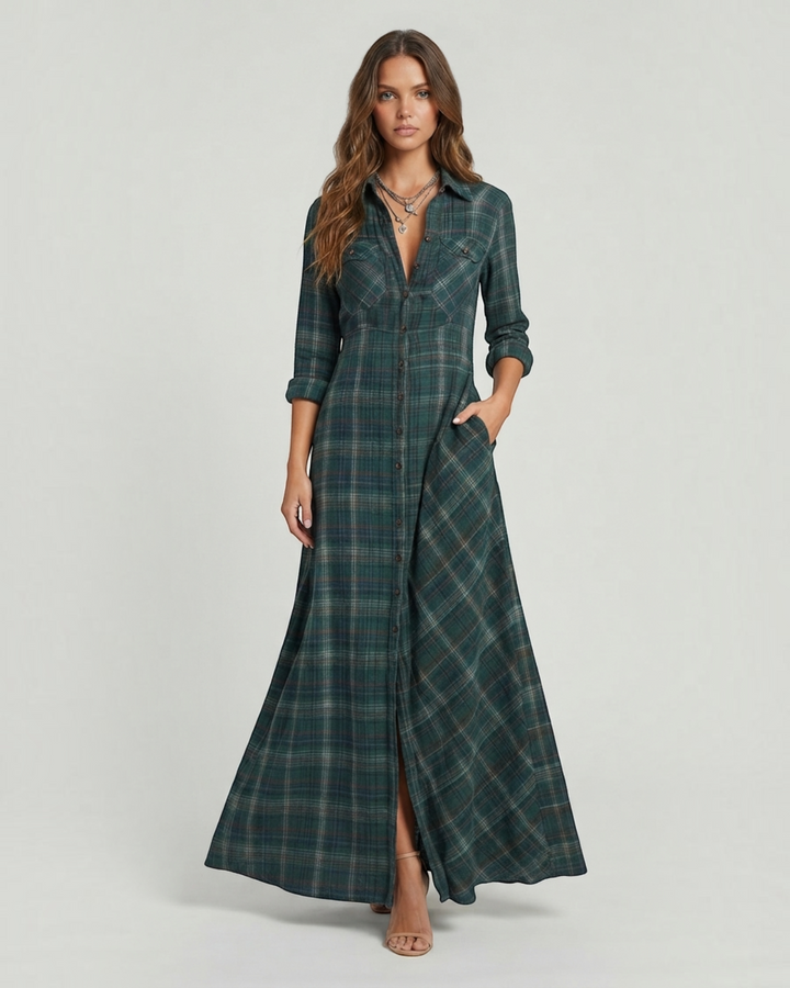 Luna Moda long green plaid shirt dress with collar, button-down front, and pockets worn by a model