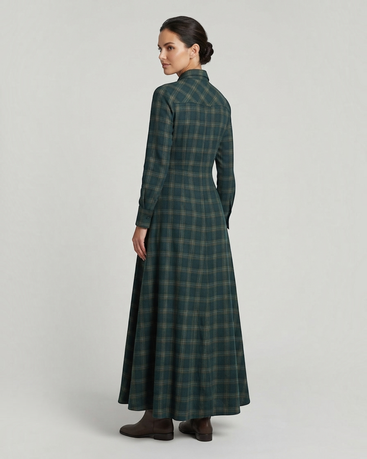 Luna Moda long green plaid shirt dress with collar and button-down front, worn by a model, back view