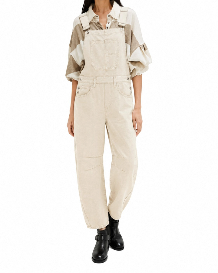 Bianca – Salopette vintage in denim a gamba larga in beige | Luna Moda
