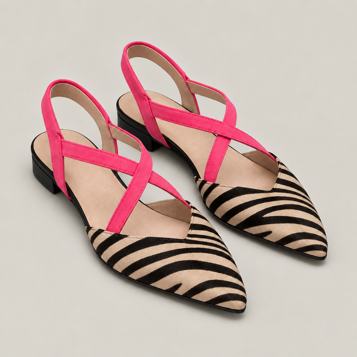 CARLA – Ballerine zebrate con cinturini fucsia incrociati