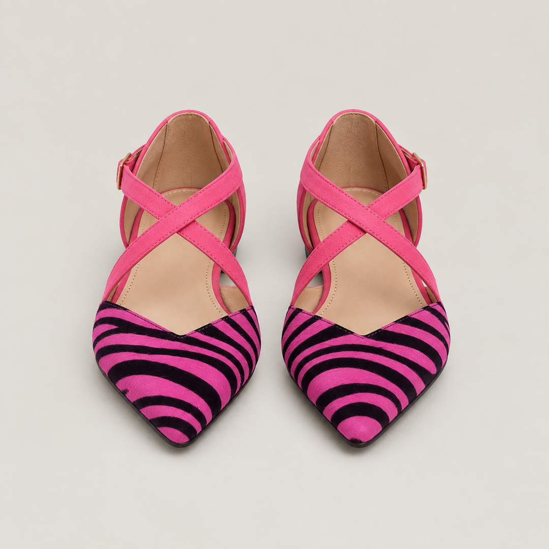 CARLA – Ballerine zebrate con cinturini fucsia incrociati