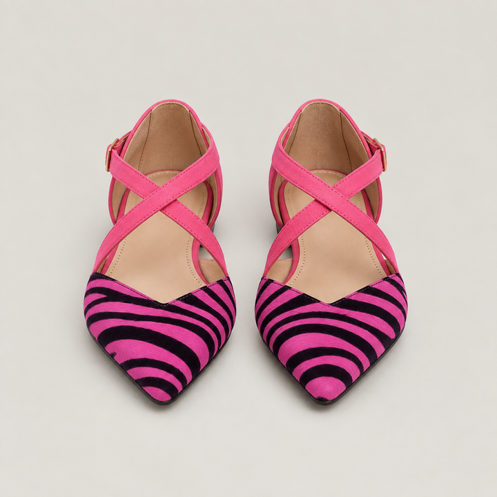 CARLA – Ballerine zebrate con cinturini fucsia incrociati