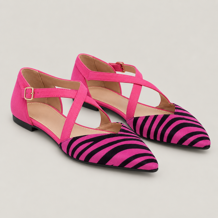 CARLA – Ballerine zebrate con cinturini fucsia incrociati