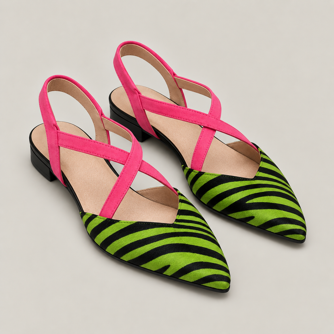 CARLA – Ballerine zebrate con cinturini fucsia incrociati