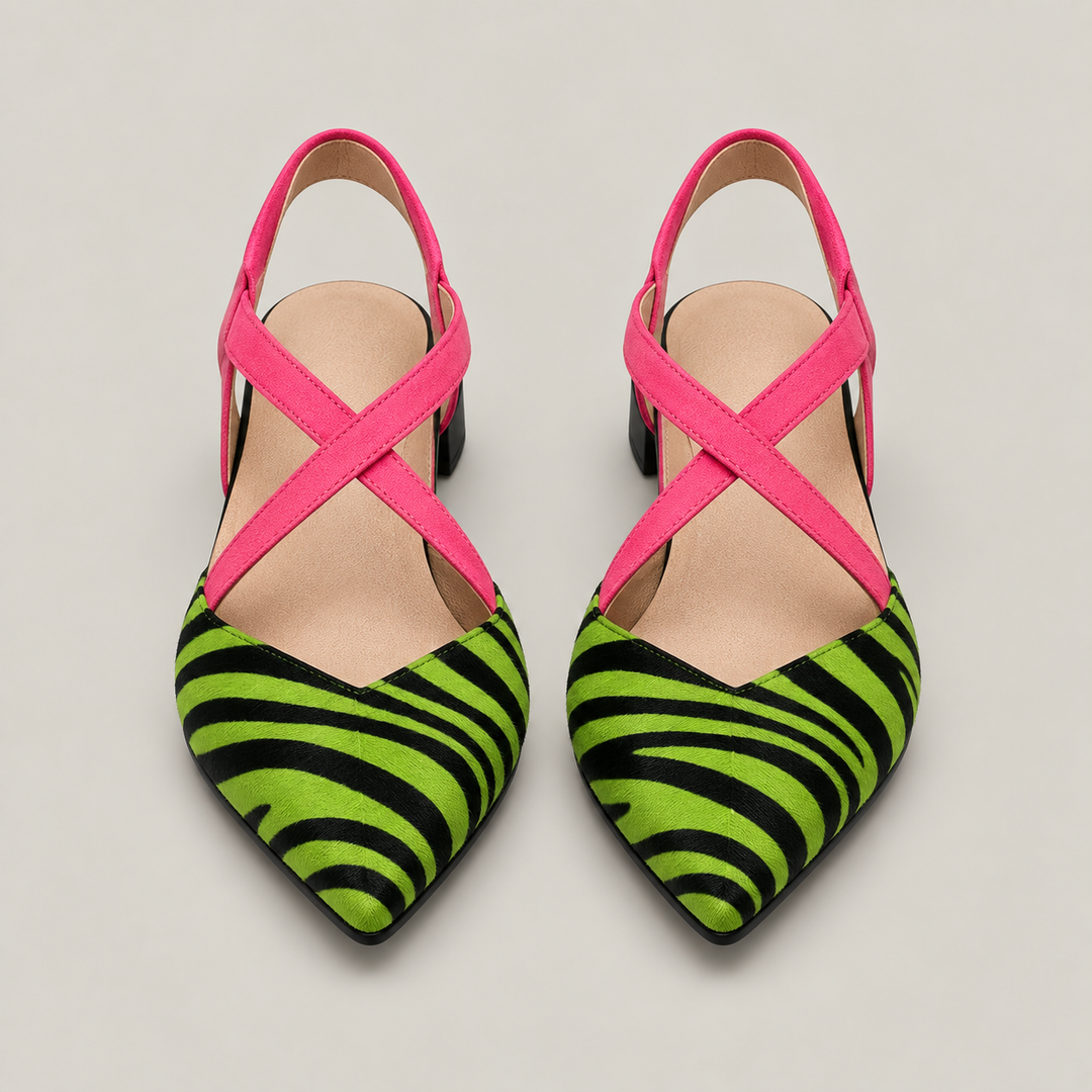 CARLA – Ballerine zebrate con cinturini fucsia incrociati