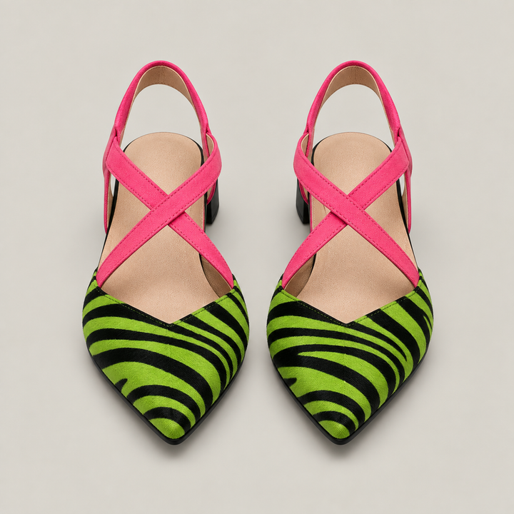 CARLA – Ballerine zebrate con cinturini fucsia incrociati