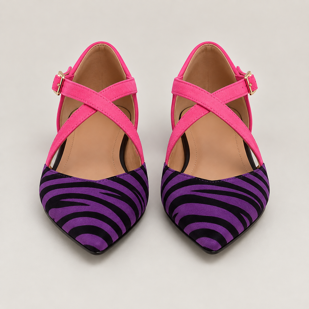 CARLA – Ballerine zebrate con cinturini fucsia incrociati