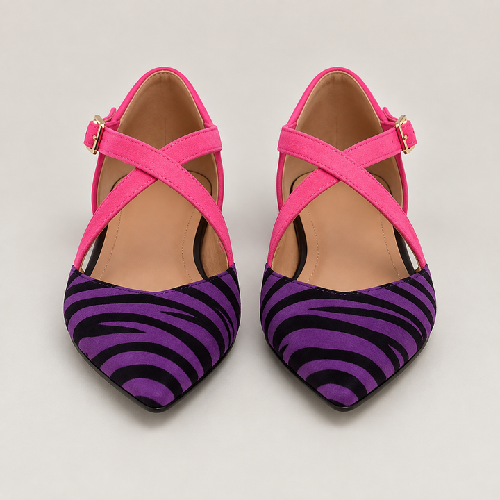 CARLA – Ballerine zebrate con cinturini fucsia incrociati