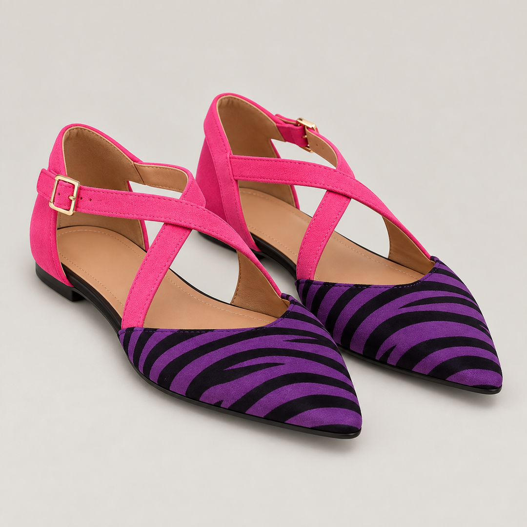 CARLA – Ballerine zebrate con cinturini fucsia incrociati