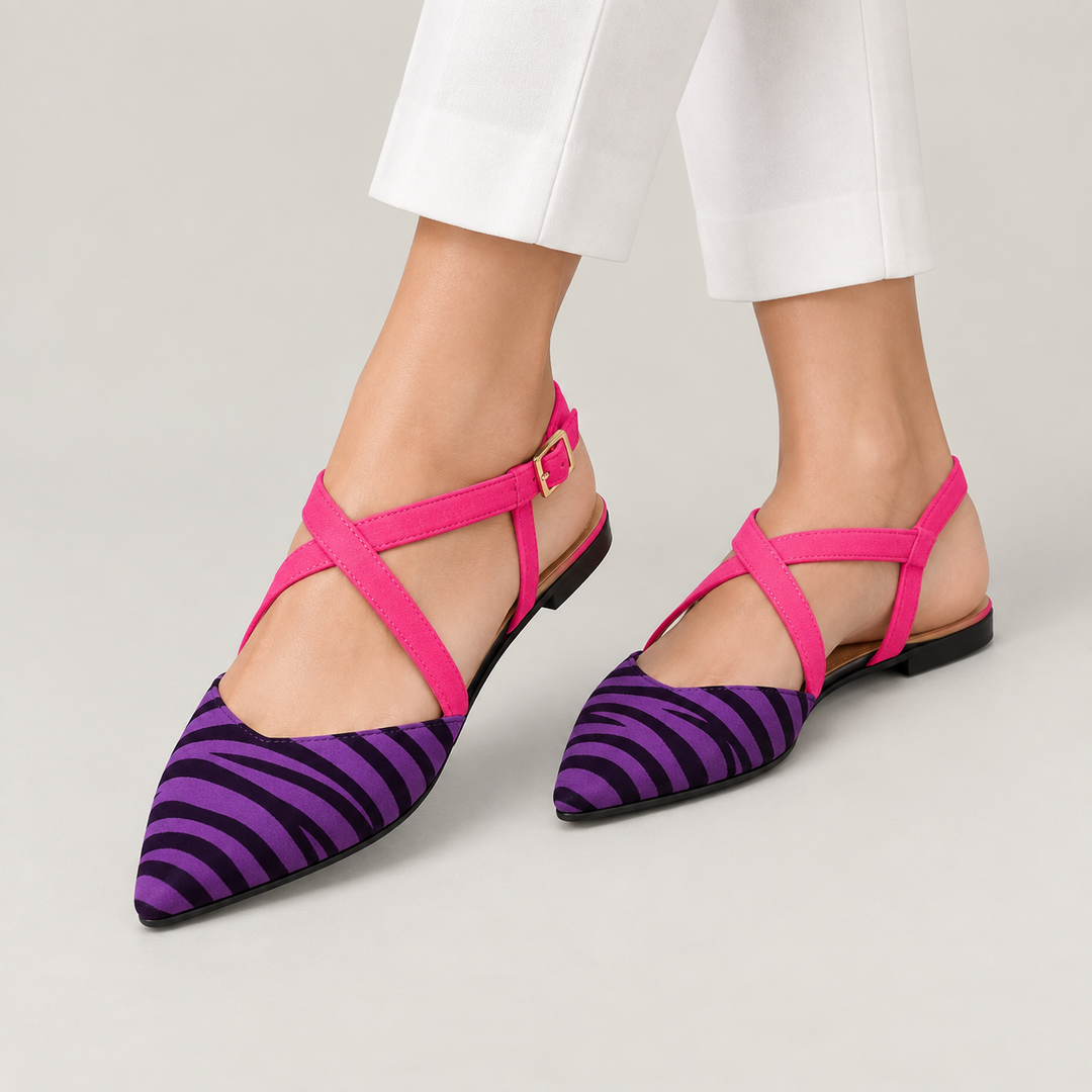 CARLA – Ballerine zebrate con cinturini fucsia incrociati