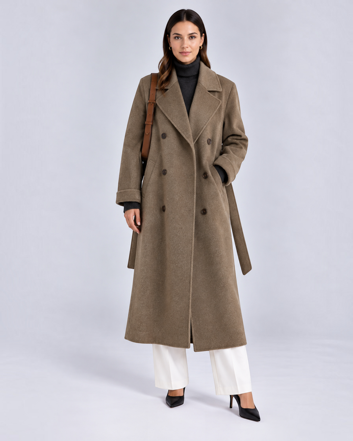 Luna Moda long taupe wool coat with a belted waist, double-breasted buttons, and wide lapels worn by a model.