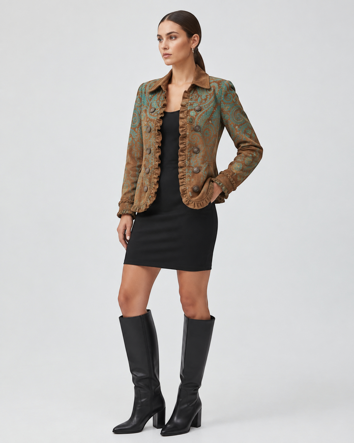 Luna Moda Grace double-breasted paisley jacket in caramel and turquoise with ruffled trim worn over a black dress.