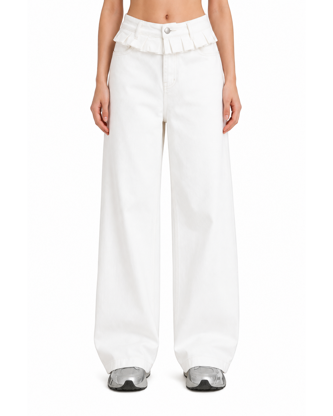 Luna Moda white wide-leg jeans featuring a decorative ruffled lace-trimmed waistband on a model