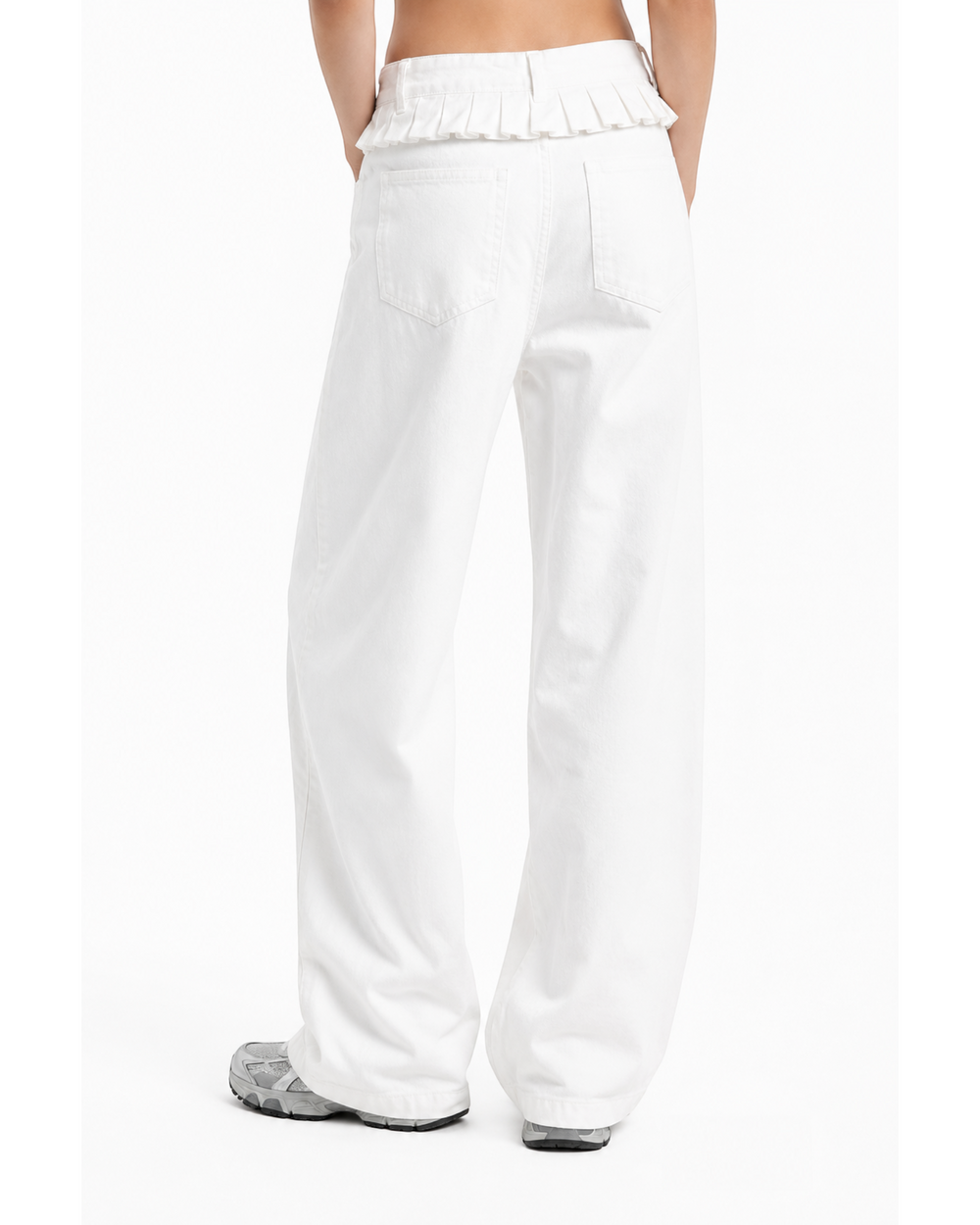 Luna Moda white wide-leg jeans featuring a delicate lace trim detail at the waist, viewed from the back.