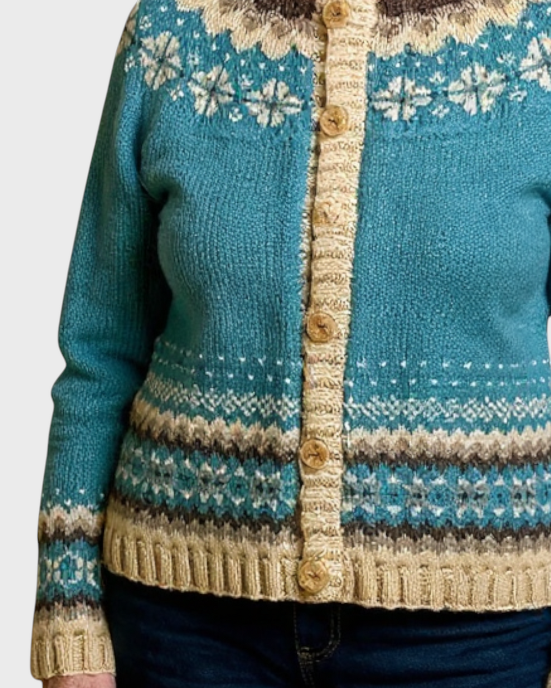 Luna Moda Giada cardigan in teal with a traditional Nordic pattern, featuring wooden buttons and a ribbed hem.