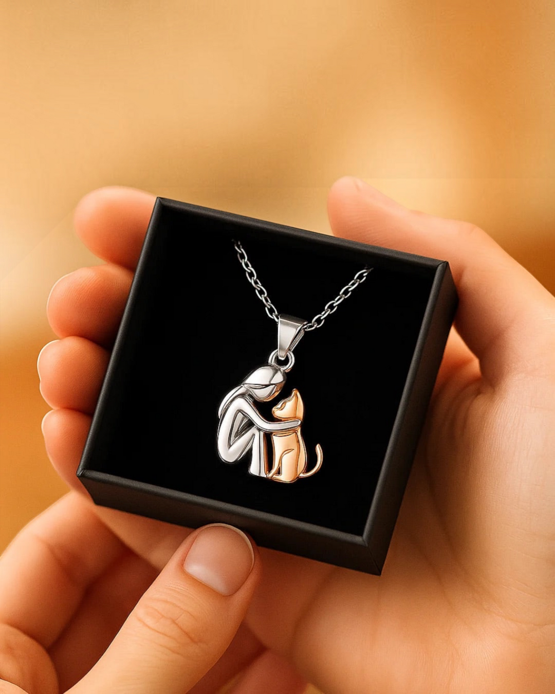 Luna Moda silver and gold cat hug pendant necklace in a black gift box held in hands