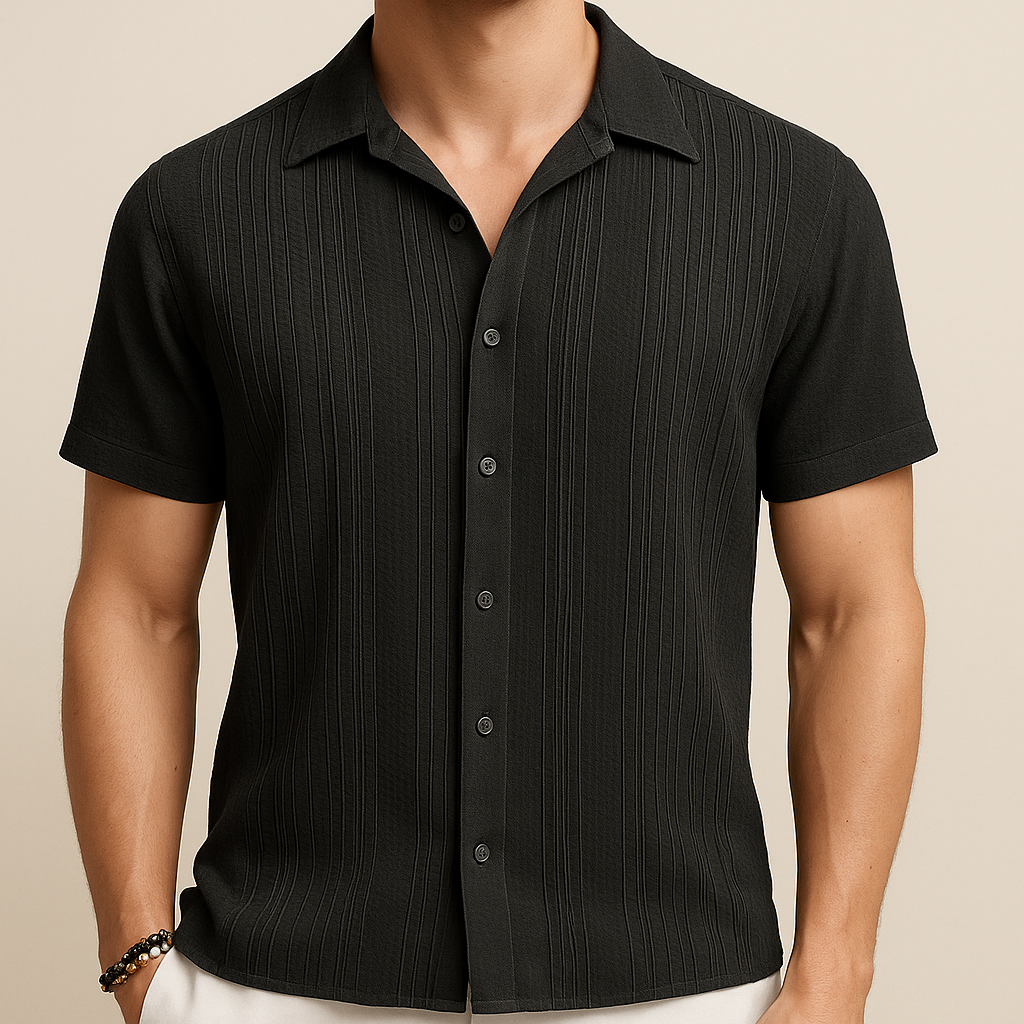 Camicia da Spiaggia Pieghettata Nera in Cotone