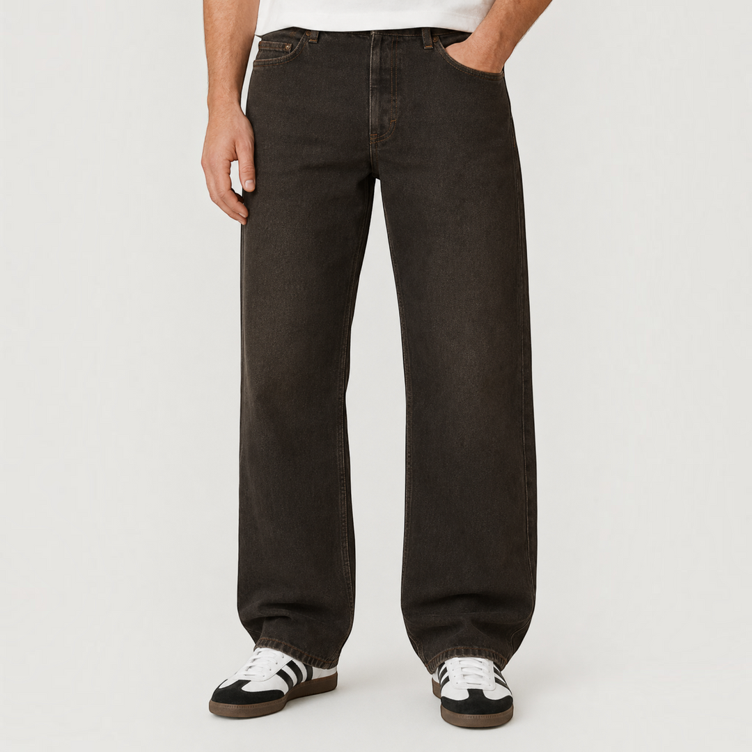 Luna Moda Blake baggy wide-leg jeans in heavy brown dyed cotton denim with a relaxed fit and five-pocket design.