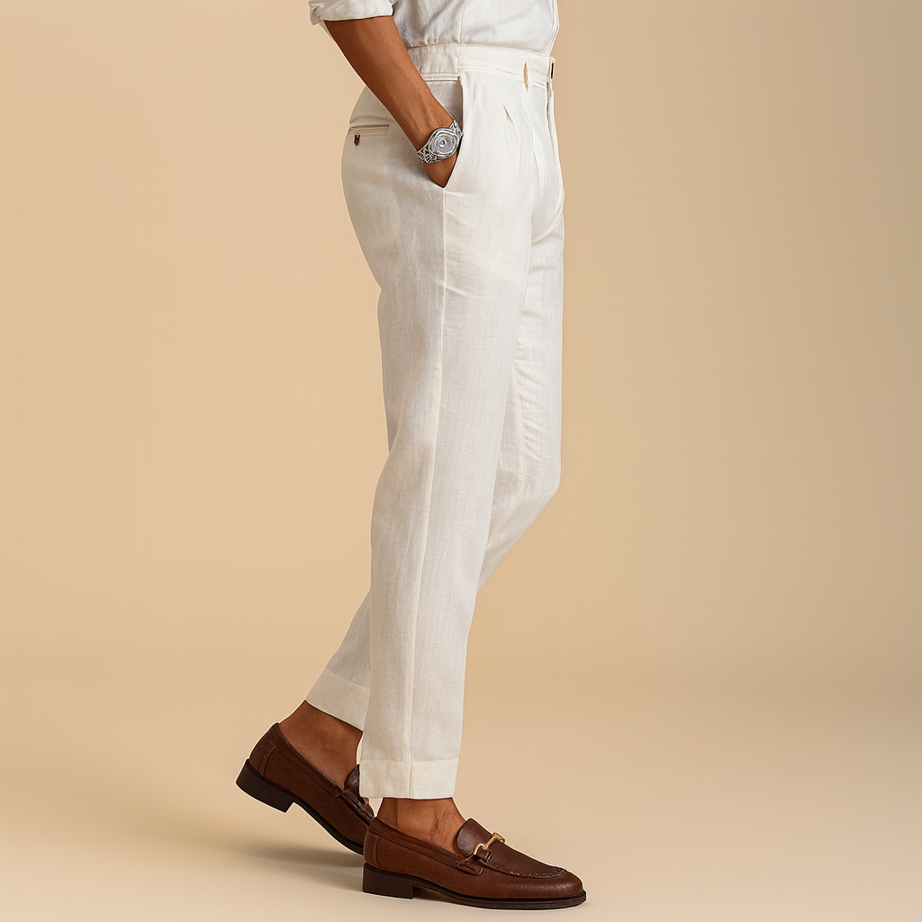 Pantaloni Tapered Plissettati Color Avorio