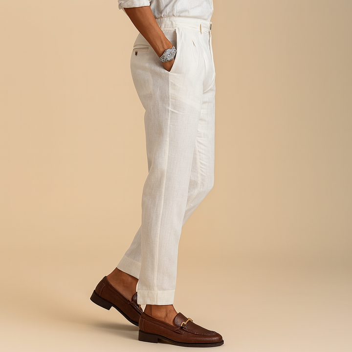 Pantaloni Tapered Plissettati Color Avorio