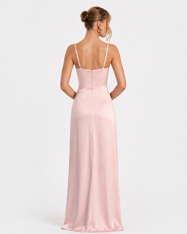 Luna Moda pale pink satin maxi dress with spaghetti straps and back zip, shown from behind on a model.