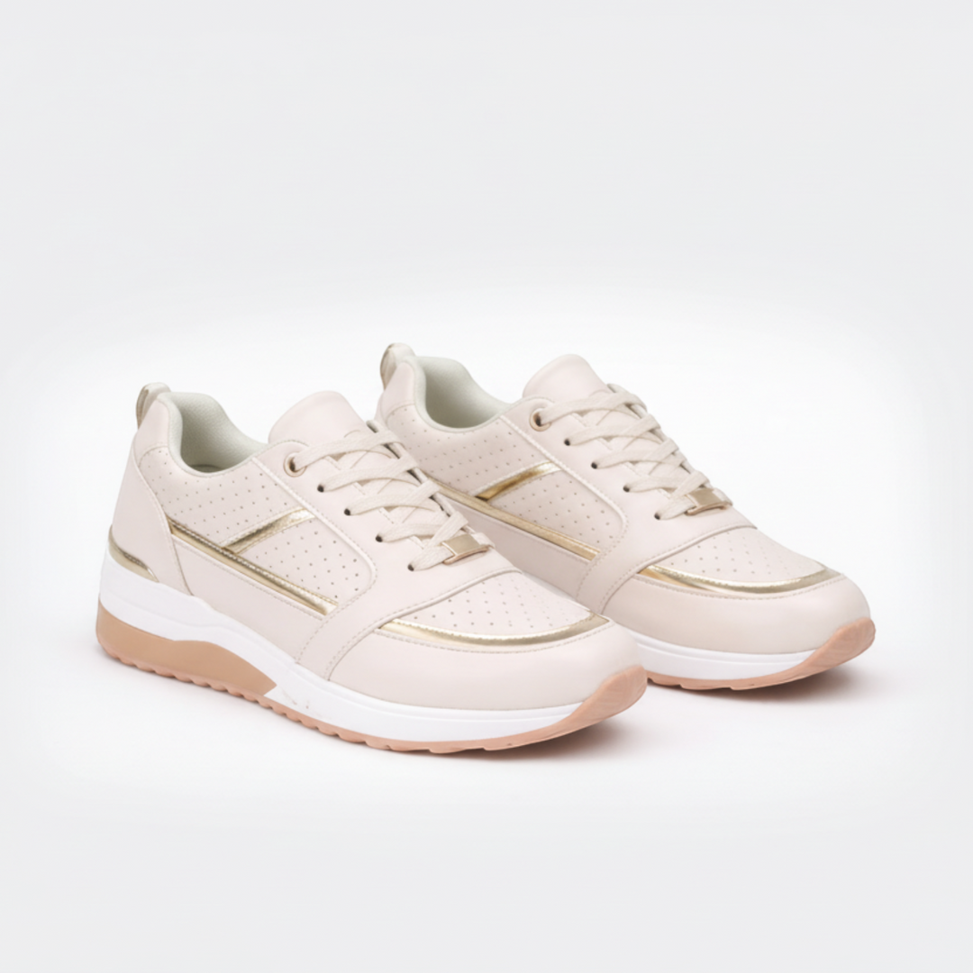 Luna Moda Martina beige wedge sneakers with gold metallic accents and perforated detailing on a white background
