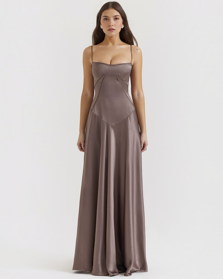 Luna Moda Noelle evening bustier dress in satin taupe with a fitted bodice and flowing floor-length skirt