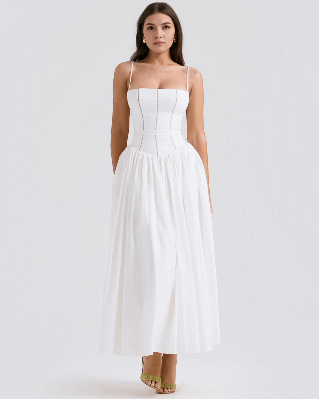 Luna Moda white midi dress with a fitted corset bodice and full skirt worn by a model against a plain background