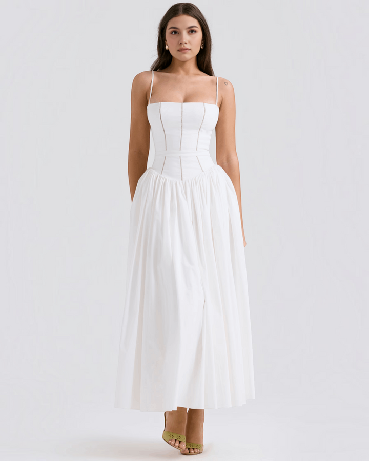 Luna Moda white midi dress with a fitted corset bodice and full skirt worn by a model against a plain background