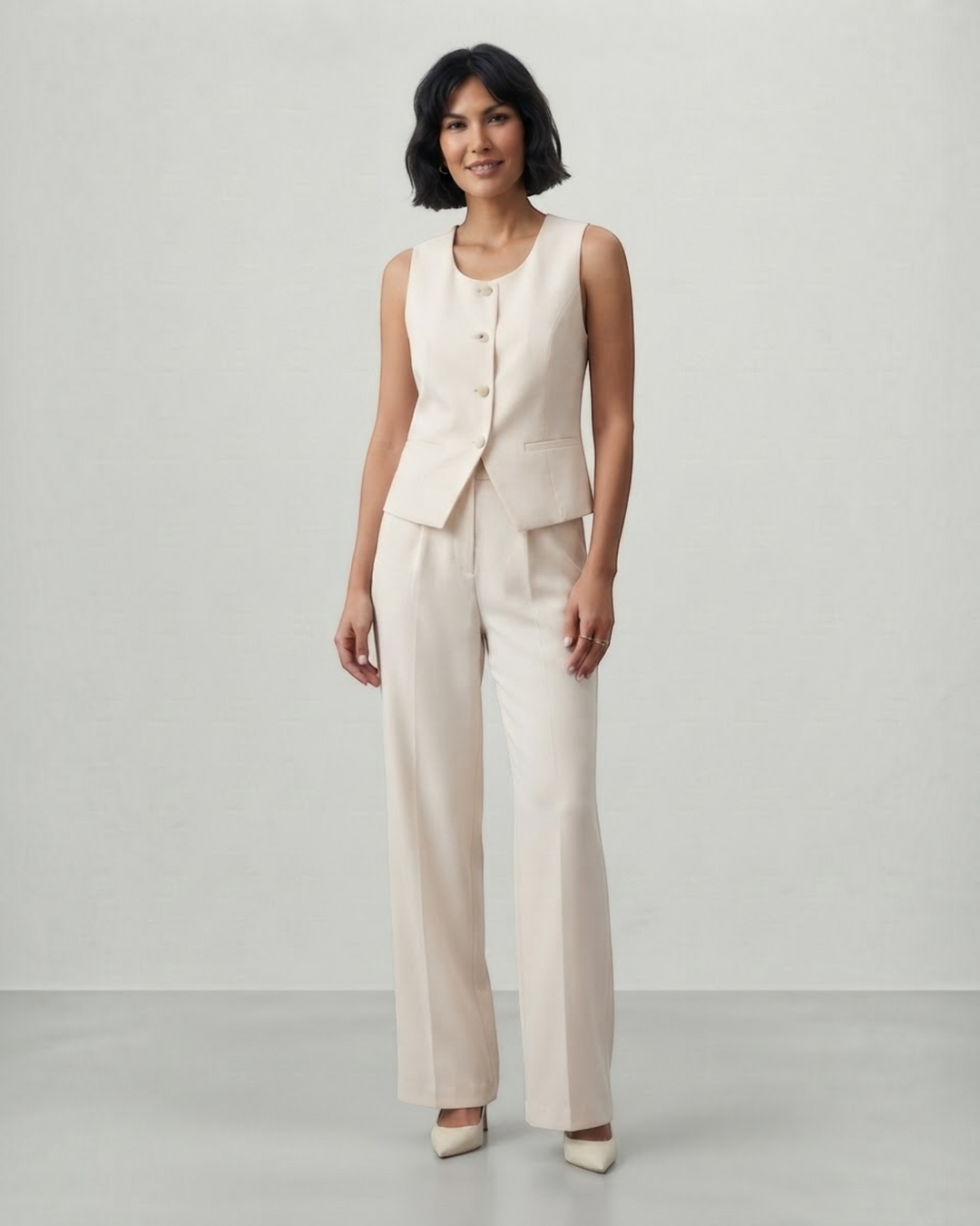 Luna Moda beige sleeveless vest and tailored trousers set worn by a model for a professional and elegant look.