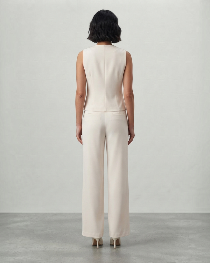 Luna Moda cream sleeveless top and tailored trousers set worn by a woman, back view showing a sleek silhouette.
