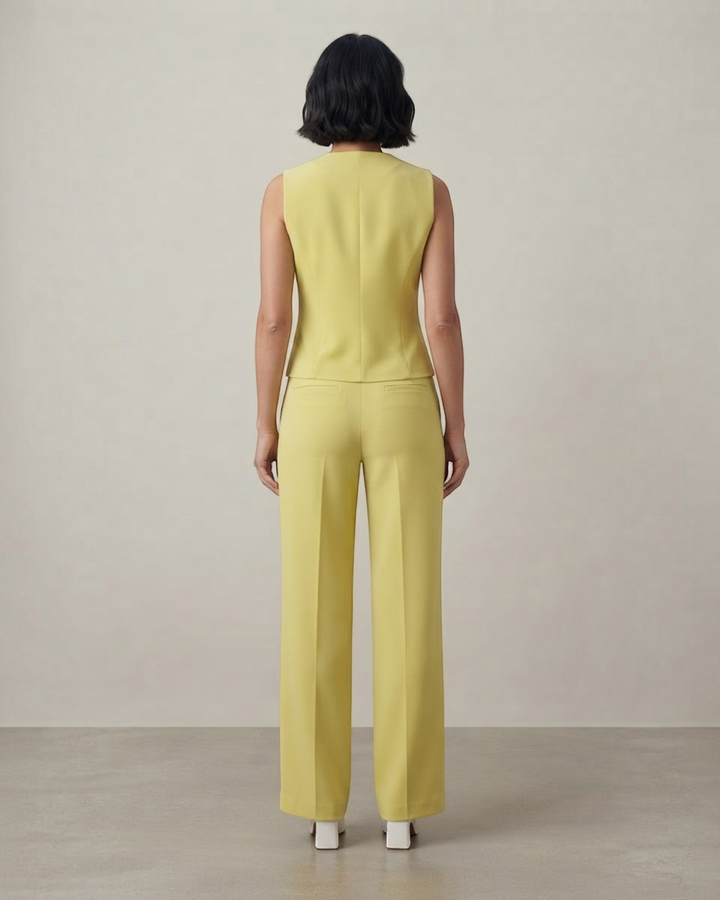 Luna Moda yellow sleeveless top and tailored trousers set worn by a woman, back view showing a sleek professional fit