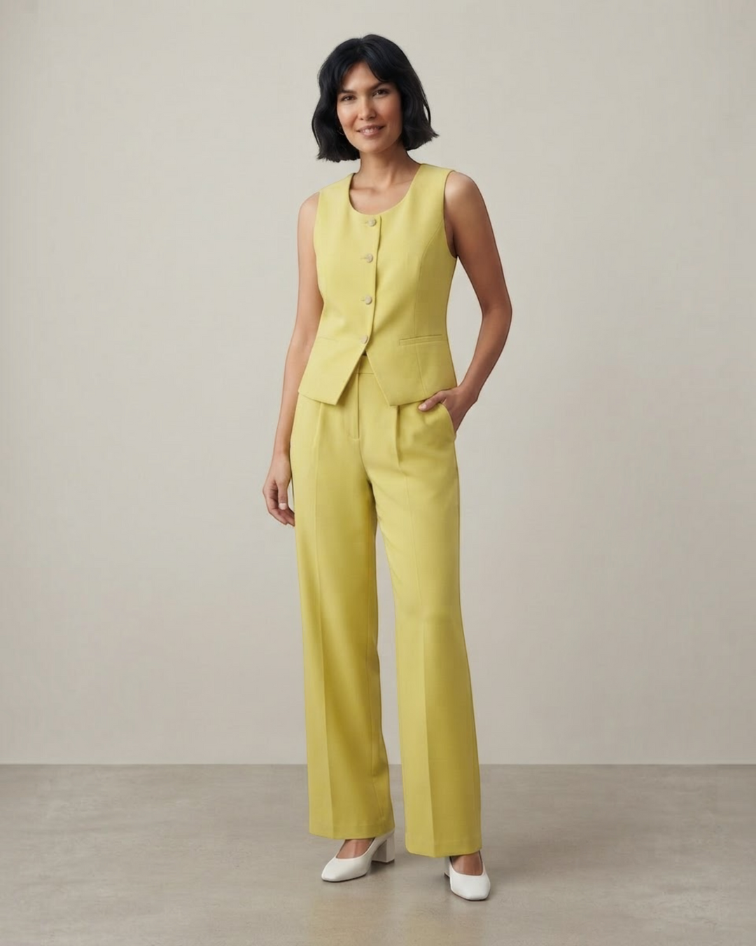 Luna Moda lime green tailored sleeveless vest and matching wide-leg trousers set worn by a woman