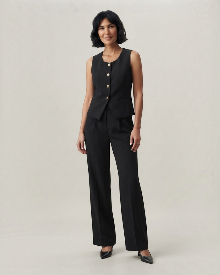 Luna Moda black tailored two-piece set with a sleeveless button-down vest and matching trousers on a model