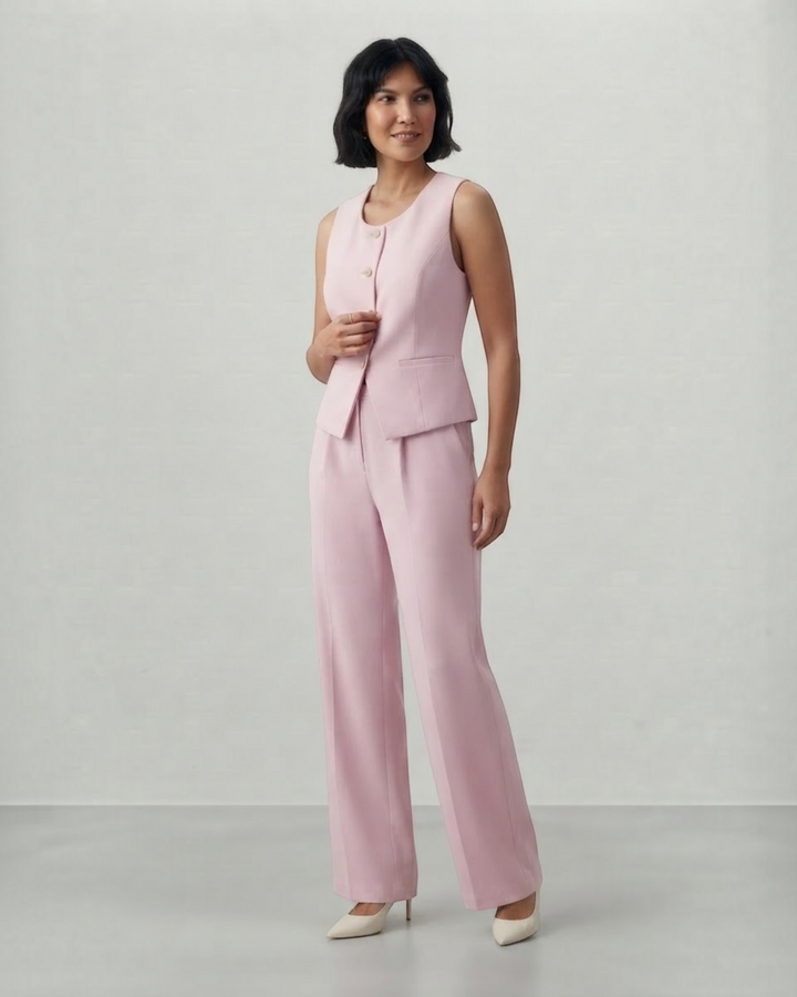 Luna Moda Domitilla light pink sleeveless vest and tailored trousers matching set worn by a woman